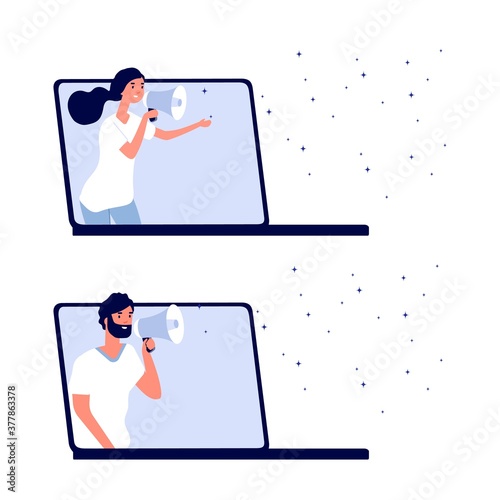 Promotional characters. Online marketing campaign, man woman shout in megaphone. Discount or loyalty business program promote. Promoters holding loudspeaker vector illustration. Speaker with megaphone