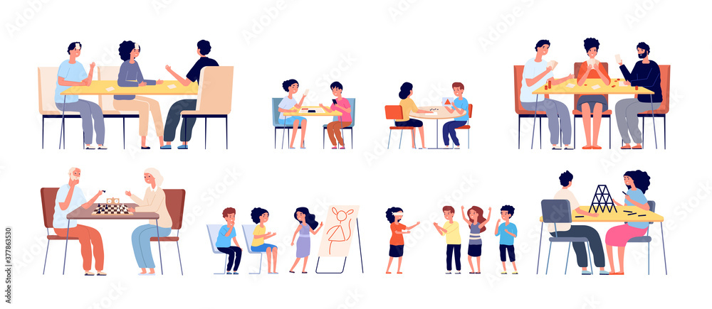 Friends playing games. Happy hobbies, people play together. Kids and family home meeting, girl boy active street gaming vector illustration. Game board at table, entertainment friendship