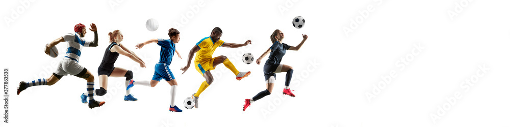 Sport collage of professional athletes or players isolated on white background, flyer. Made of different photos of 5 models. Concept of motion, action, power, target and achievements, healthy, active