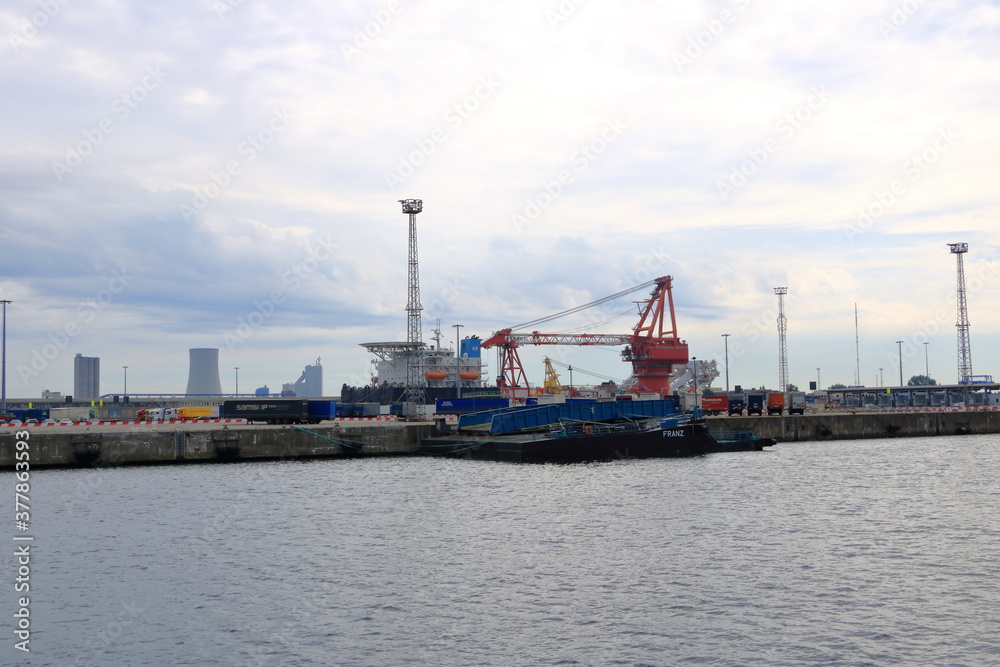 August 21 2020 - Rostock-Warnemünde, Mecklenburg-Vorpommern/Germany: Details of the industry port and dockside cranes at the europort harbour in Rostock