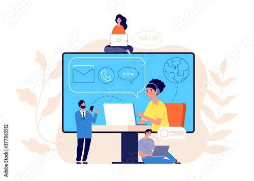Contact us concept. Business website, call center or help line community. Creative people work modern support service vector illustration. Business customer call assistance, support website