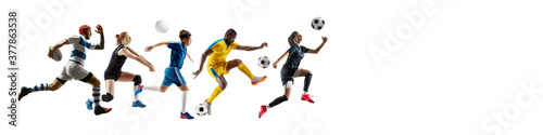 Fototapeta Naklejka Na Ścianę i Meble -  Sport collage of professional athletes or players isolated on white background, flyer. Made of different photos of 5 models. Concept of motion, action, power, target and achievements, healthy, active