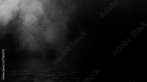 Mystic fire smoke on abstract background. Paranormal chemistry fog with reflection on the shore.