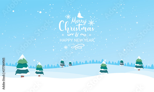 Winter landscape with fir trees and snow. Merry Christmas and Happy New Year background