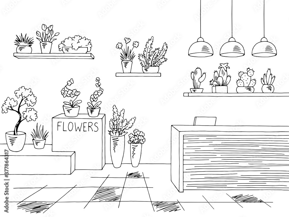 Flower shop interior graphic black white sketch illustration vector