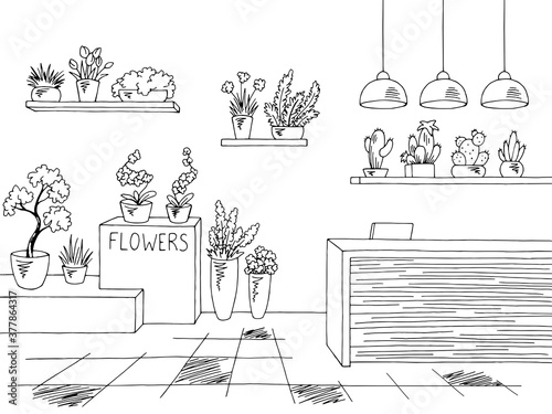 Flower shop interior graphic black white sketch illustration vector
