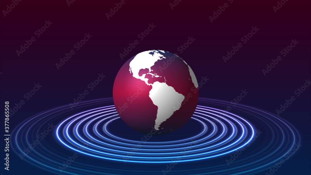 Blue purple globe and neon circles tech background