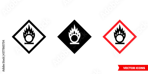 Oxidizing hazard icon of 3 types color, black and white, outline. Isolated vector sign symbol.