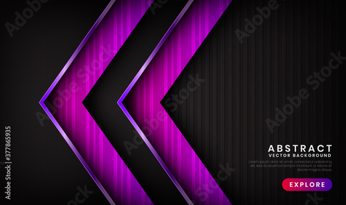 Abstract 3D black and purple metallic background with shiny effect. Overlap layers on dark space with stripes patterns. Modern graphic design template elements for banner, flyer, cover, or brochure