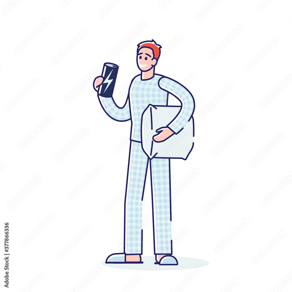 Man with insomnia after energy drink sleepless. Cartoon character awake drinking energetic beverage Man with insomnia after energy drink sleepless. Cartoon character awake drinking energetic beverage