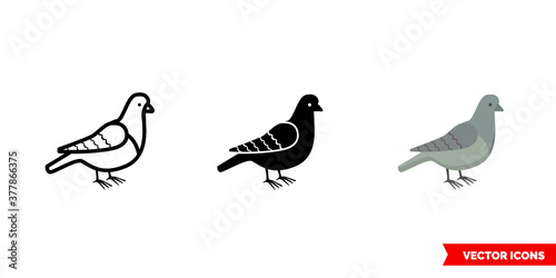 Pigeon icon of 3 types color, black and white, outline. Isolated vector sign symbol.