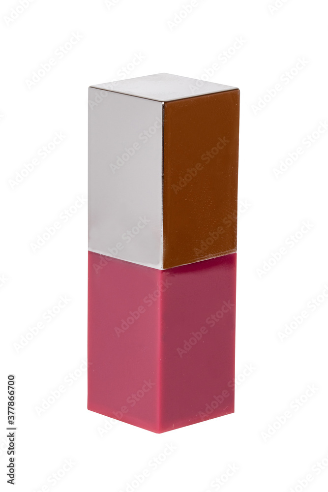 Pink lipstick isolated. Closeup of a elegant closed red lipstick in a pink silver package isolated on a white background. Concept beauty. Macro. Pink lipstick isolated. Closeup of a elegant closed red lipstick in a pink silver package isolated on a white background. Concept beauty. Macro.