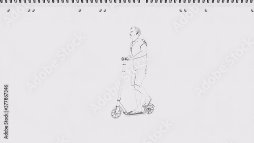 Young business man in a suit riding an electric scooter on a pen draw