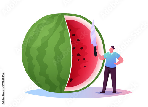 Tiny Character Enjoy Refreshing of Huge Watermelon. Summer Time Food, Man Have Fun Slicing Melon with Knife for Eating