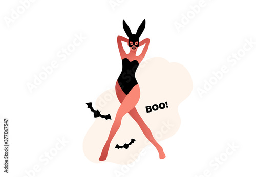 Halloween party. Sexy woman wearing a black mask and sexy lingerie. Bunny standing on a white background vector illustration.