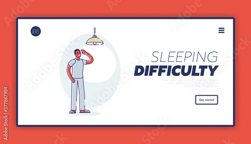 Sleeping problem landing page with tired sleepy man suffering from insomnia