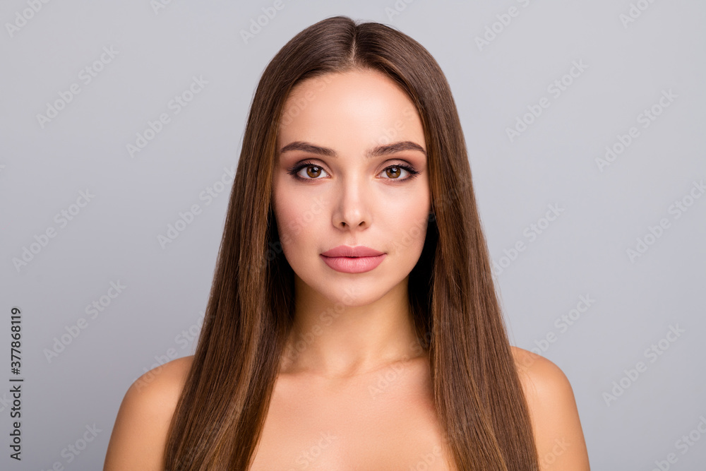 Close-up portrait of her she nice-looking attractive lovely lovable straight-haired girl with pure healthy shine skin isolated over gray pastel color background