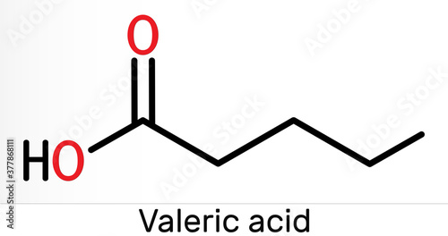 Valeric acid, pentanoic acid or valerate molecule. Skeletal chemical formula photo