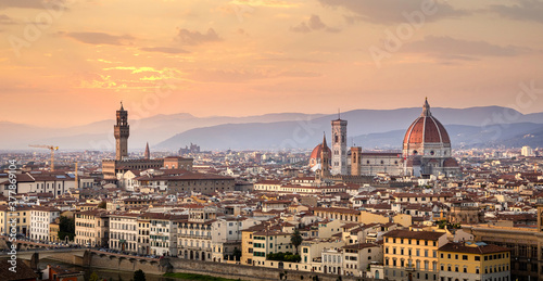 Panorama of Florence (Firenze) in Italy at sunset from Piazza Michelangelo including the cathedral of Santa Maria del Fiore (Duomo) and Palazzo Vecchio © mitzo_bs