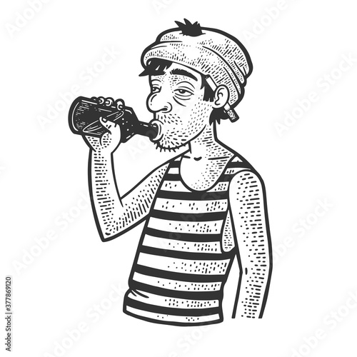 drunkard with a bottle sketch engraving vector illustration. T-shirt apparel print design. Scratch board imitation. Black and white hand drawn image.
