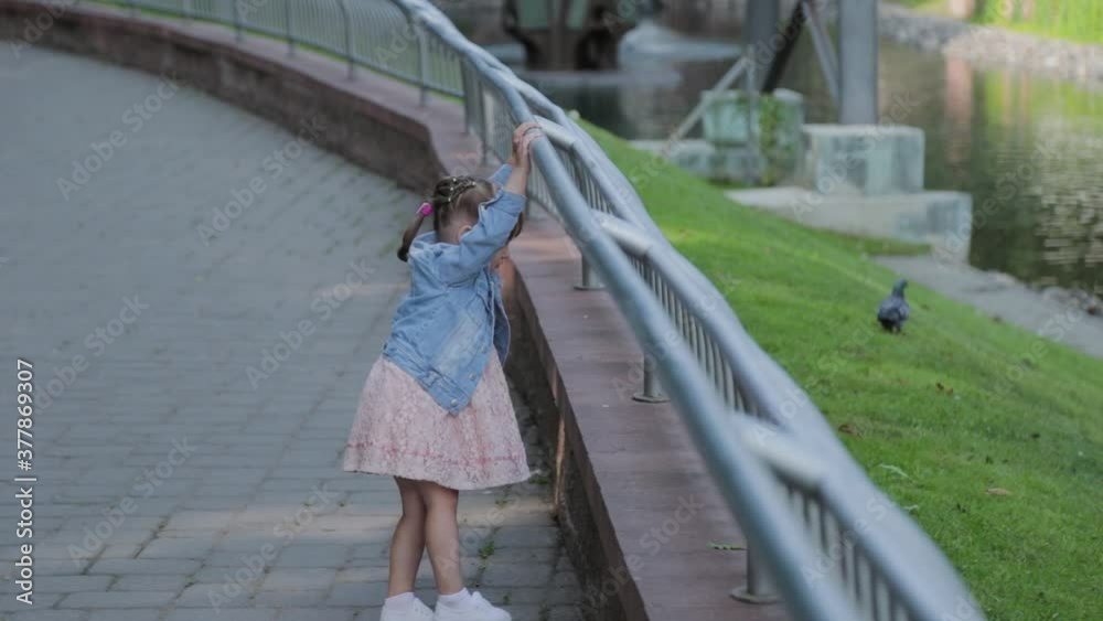 Happy little girl walks by the railing in the park. Happy little girl walks by the railing in the park.