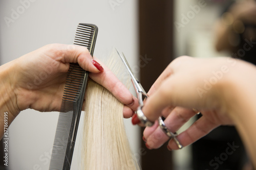 The hairdresser cuts the hair of a blonde woman.