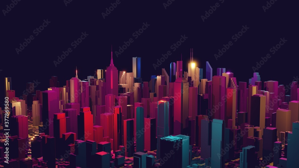 Neon cityscape wallpaper with purple and blue hues