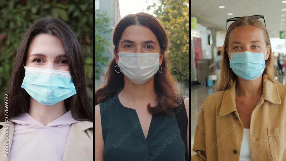 Collage group of people in masks, collage citizens Virus mask on street wearing face protection in prevention for coronavirus covid 19. public space on quarantine