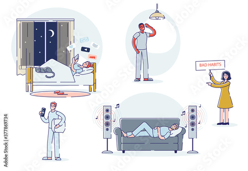Bad habits set. Cartoon characters suffer from social media addiction and unhealthy drinking