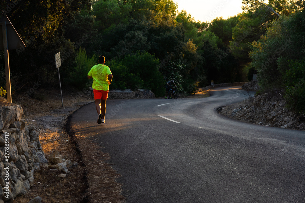 Young Spanish man running down a road in the middle of a pine forest with sunset in the background, man from behind wears striking sportswear
