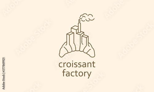 illustration vector graphic of simple, modern, line art, minimalist, abstract mark, combination logo for croissant and factory, food industry, croissant factory logo design