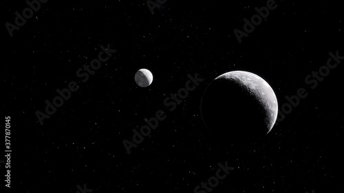 Foto planet and satellite, planet and moon, exoplanet in deep space, exoplanet with m