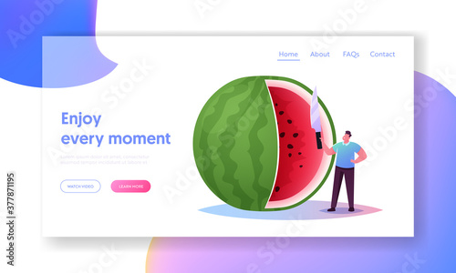 Tiny Character Eat Huge Ripe Watermelon Landing Page Template. Summer Time Food, Man Have Fun Slicing Melon with Knife
