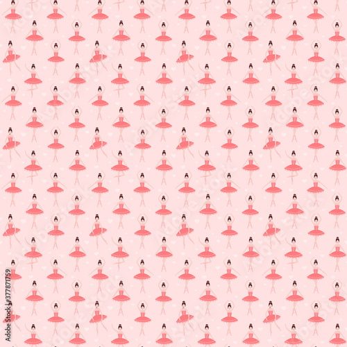 Vector ballerinas seamless pattern on pastel pink background with hearts, little gymnastics in tutus, childish pattern for textie, wrapping paper and print