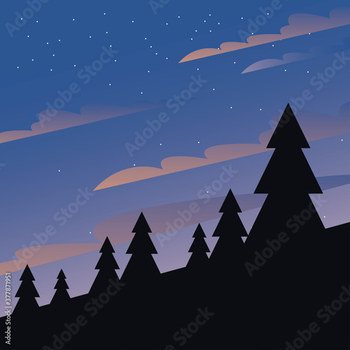 night sky over pine trees at mountain silhouette vector design