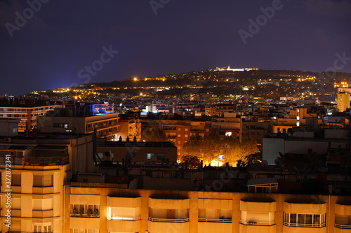 Panoramic view of Barcelona at night. Catalonia Spain