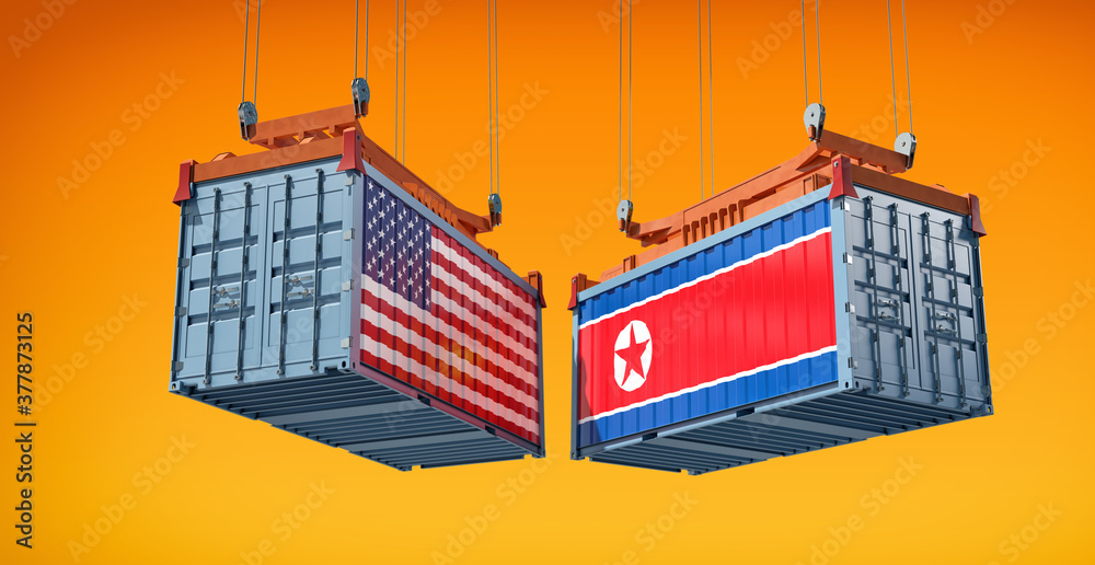 Freight containers with USA and North Korea flag. 3D Rendering 