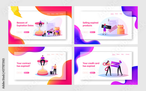 Expiration Landing Page Template Set. Tiny Characters at Huge Hourglass, Boxes with Spoiled Food. Woman Cut Expired Card