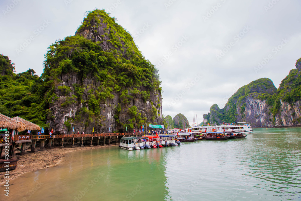 Fototapeta premium Tourist junks floating among limestone rocks at Ha Long Bay, South China Sea, Vietnam, Southeast Asia