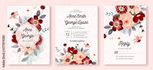 wedding invitation set with red peach flower watercolor