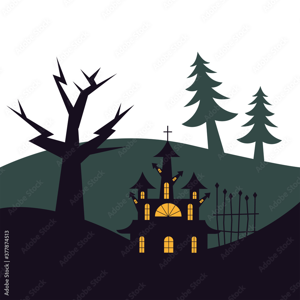 Halloween house gate and tree vector design