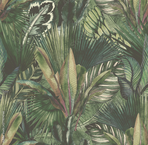 Tropical leaves hand-drawn by watercolor. Seamless tropical pattern. Stock il...