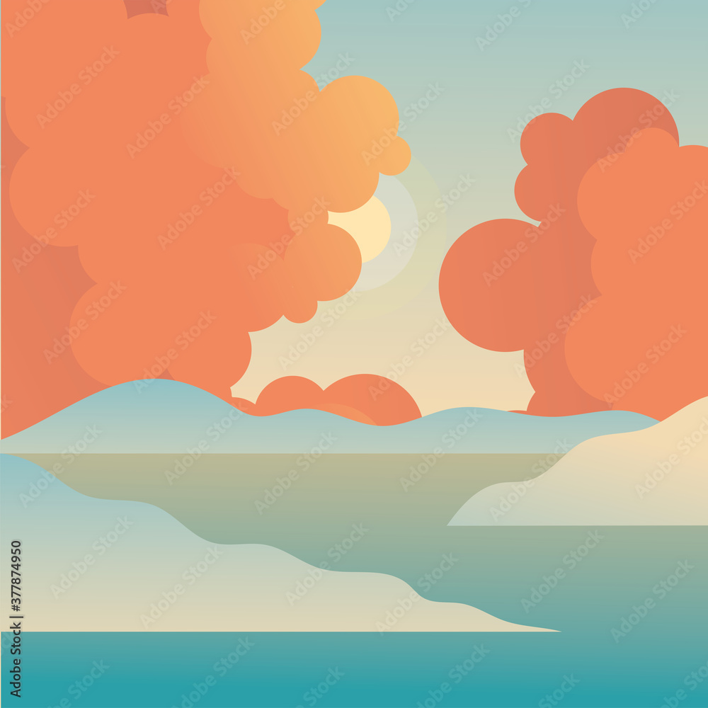 sun and orange clouds over sea vector design