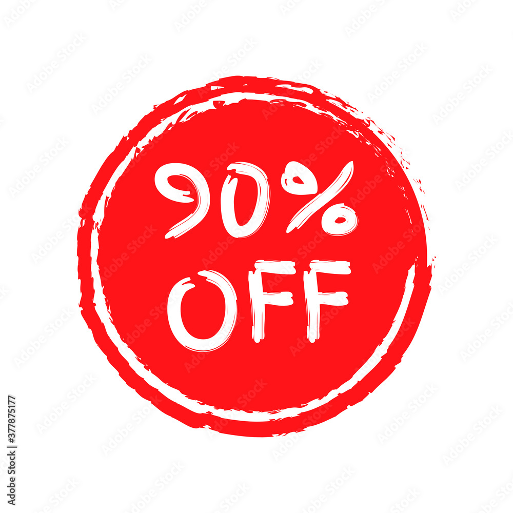 Sale sticker or icon. 90 percent price off discount label or tag with grunge texture. Hand drawn promo badge for advertising design. Vector illustration. Sale sticker or icon. 90 percent price off discount label or tag with grunge texture. Hand drawn promo badge for advertising design. Vector illustration.