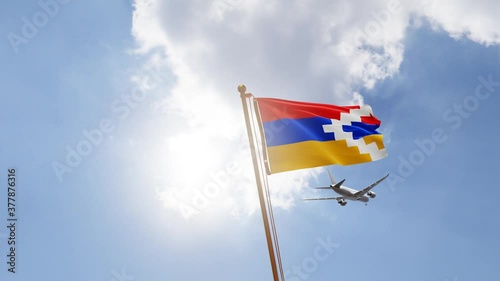 Flag of Republic of Artsakh Waving with Airplane arriving or departing, Realistic Animation photo