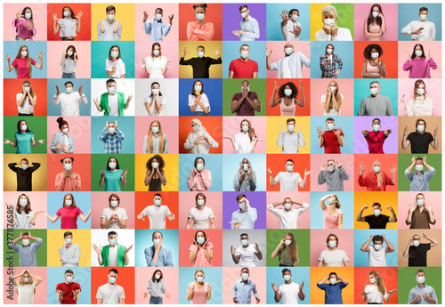 The collage of surprised people in face masks on multicolored backgrounds. Happy men and women. Human emotions, facial expression, safety concept. Collage of facial expressions, emotions, feelings