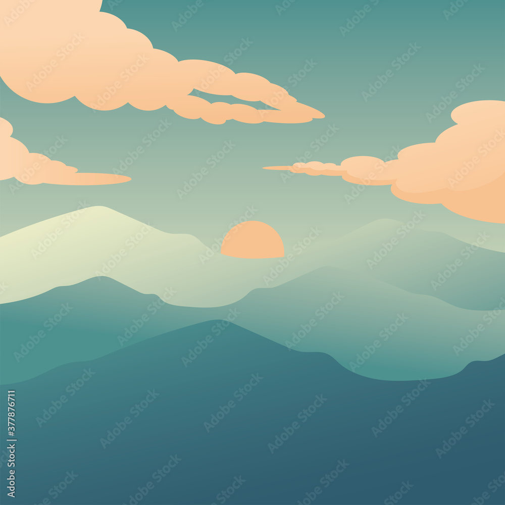 sun on mountain with clouds vector design