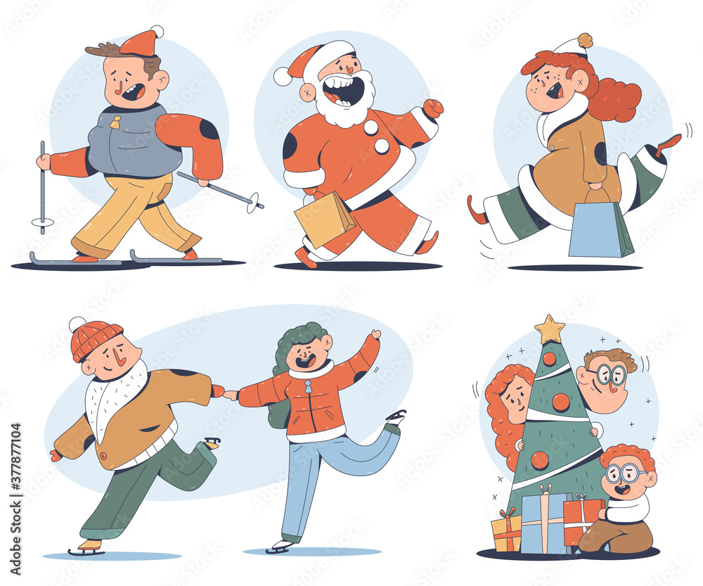 Cute Christmas people vector cartoon characters in different actions isolated on a white background. Cute Christmas people vector cartoon characters in different actions isolated on a white background.