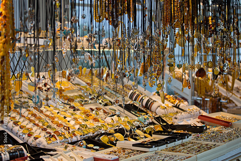 Typical stand with amber jewelry and souvenirs in Sopot city. Poland