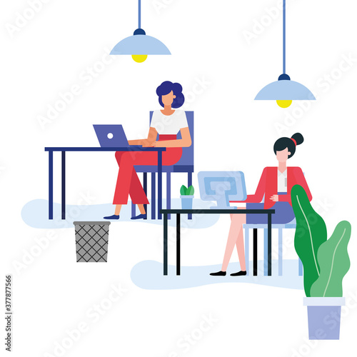 women at desk with laptop and computer in the office vector design